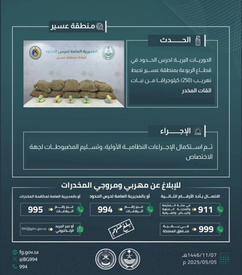 إحباط تهريب 250 كجم من القات في "الربوعة"