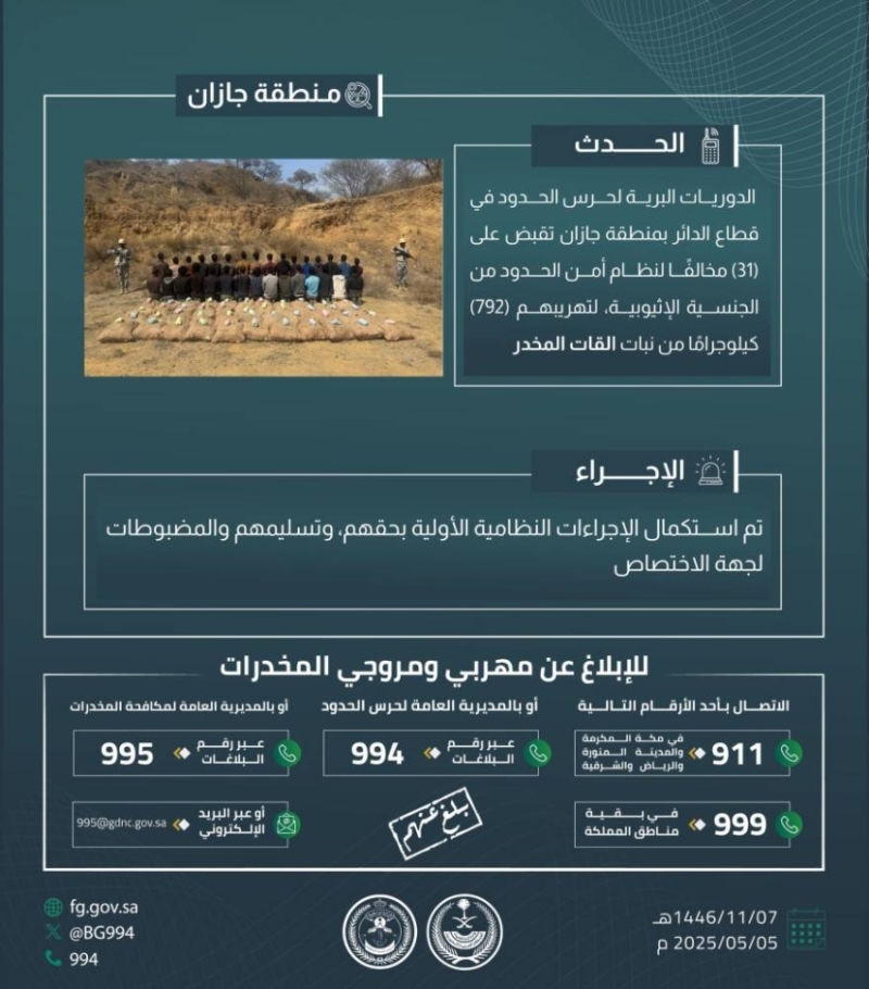 إلقاء القبض على 31 شخصًا بتهمة تهريب 792 كجم من القات في "الدائر"
