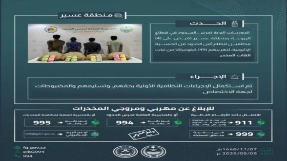 إلقاء القبض على أربعة مهربين بحوزتهم 49 كجم من القات في "الربوعة"