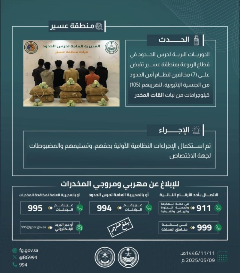 القبض على سبعة أشخاص بتهمة تهريب 105 كجم من القات في محافظة الربوعة
