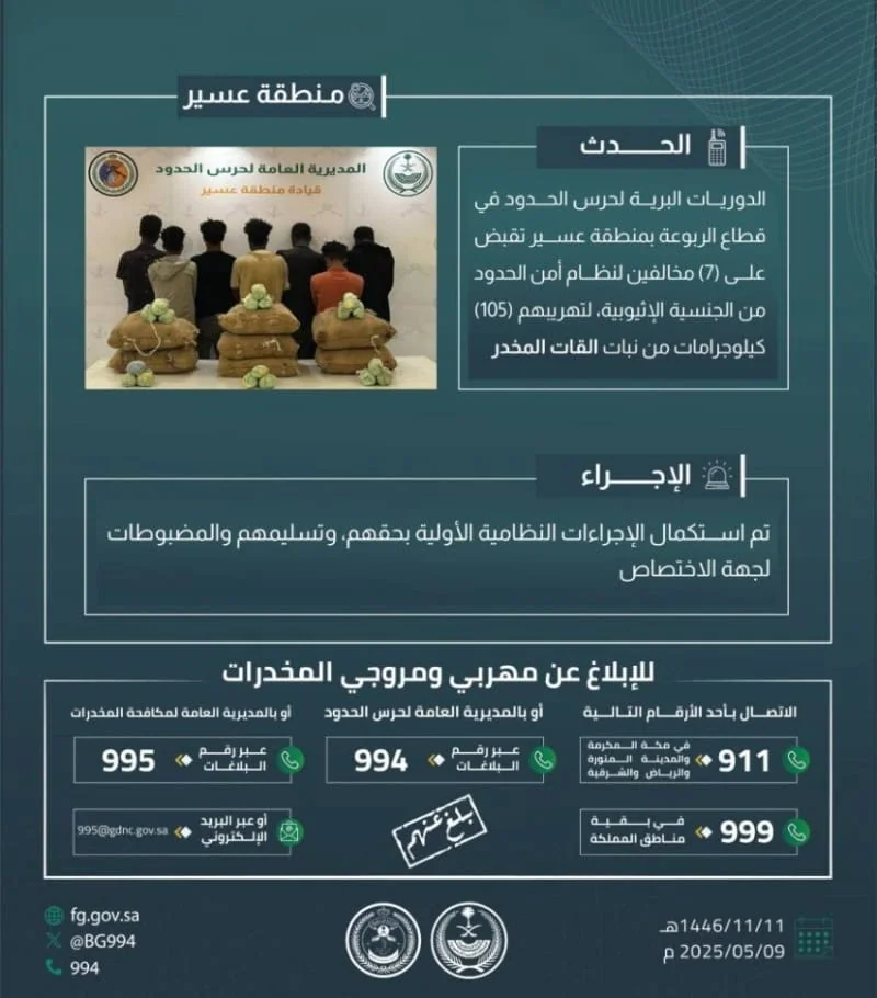 القبض على سبعة أشخاص بتهمة تهريب 105 كجم من القات في محافظة الربوعة