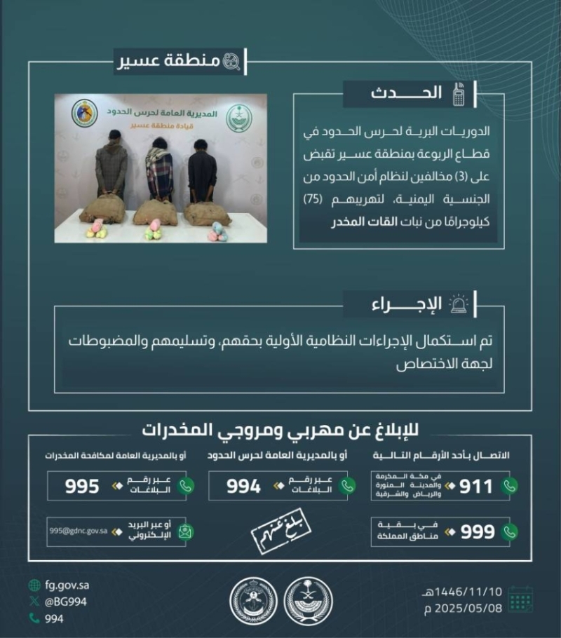 حرس الحدود في عسير يتمكن من القبض على ثلاثة مخالفين لنظام أمن الحدود خلال محاولتهم تهريب 75 كيلوغراماً من نبات القات المخدر