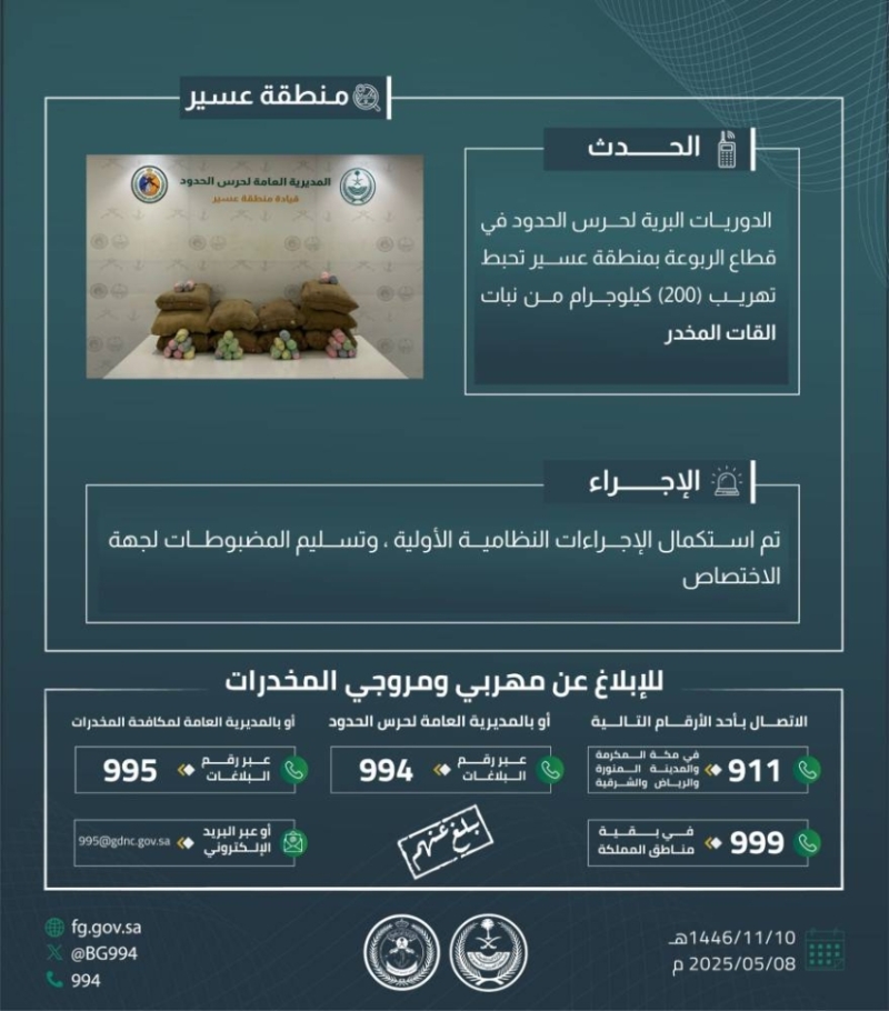 حرس الحدود في عسير يخفق في إحباط محاولة تهريب 200 كيلوغرام من نبات القات المخدر