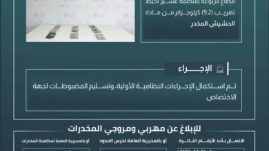 حرس الحدود في عسير ينجح في إحباط تهريب 9.2 كيلوجرام من مادة الحشيش