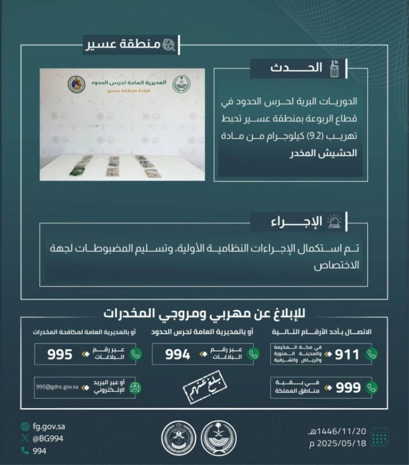 حرس الحدود في عسير ينجح في إحباط تهريب 9.2 كيلوجرام من مادة الحشيش