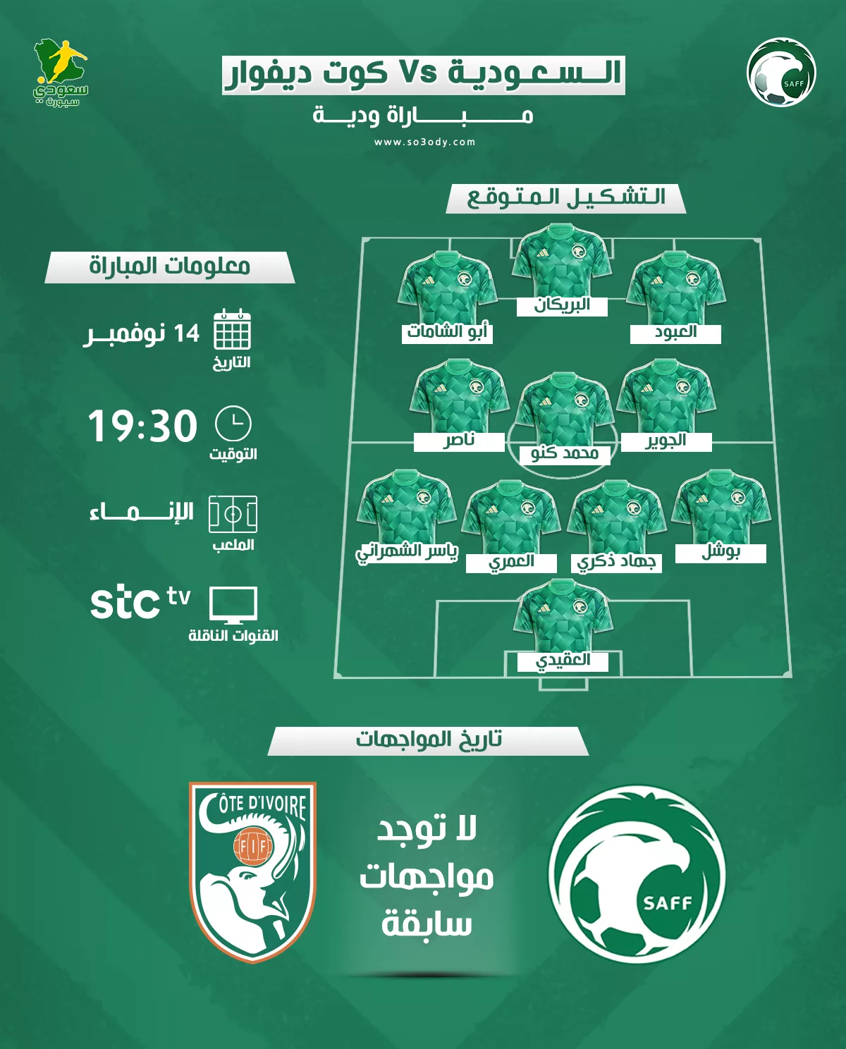 موعد مباراة السعودية وكوت ديفوار الودية وتفاصيل التشكيل والقنوات الناقلة